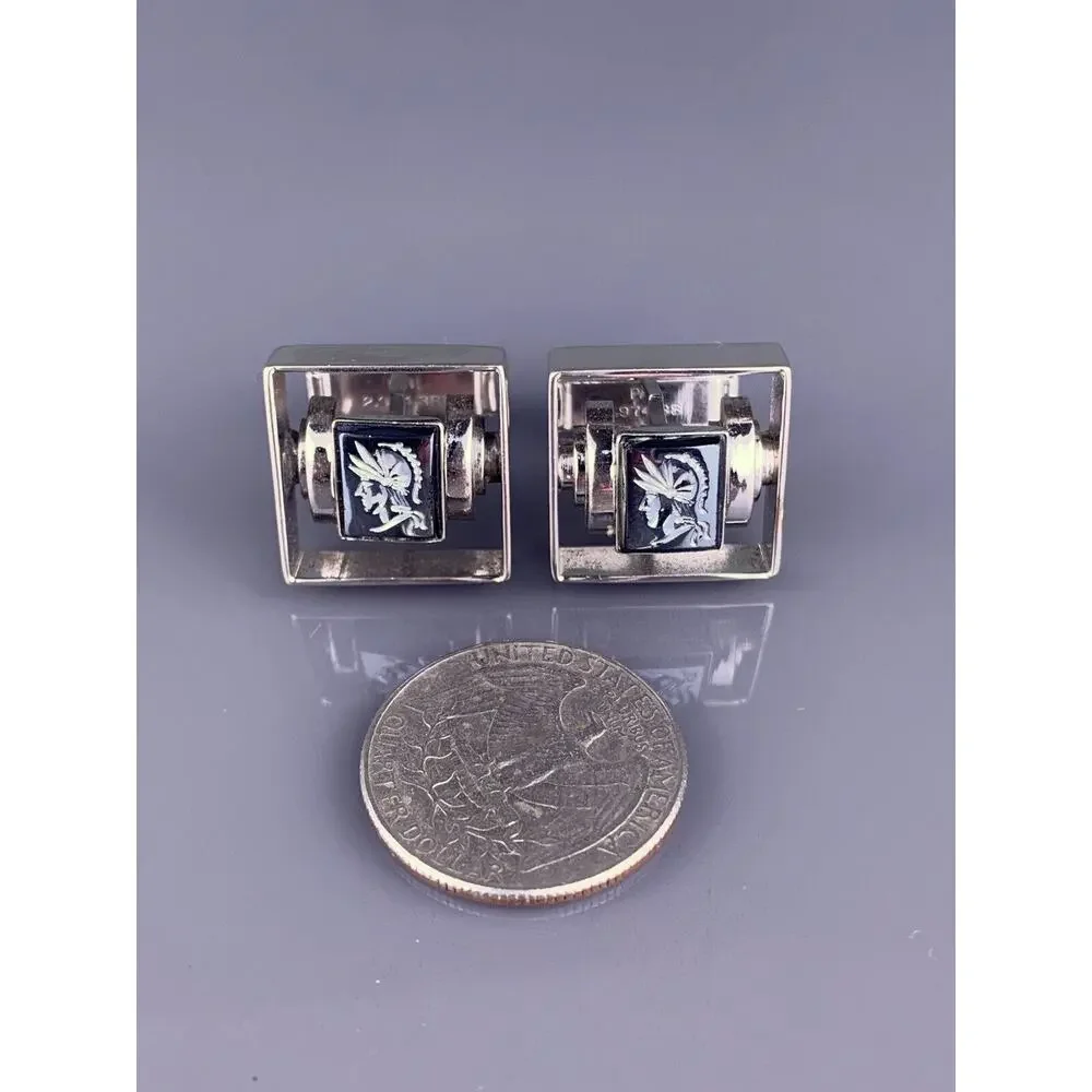 Trojan Gladiator Warrior Cufflinks Silver Tone Intaglio Hematite Gray Vintage
